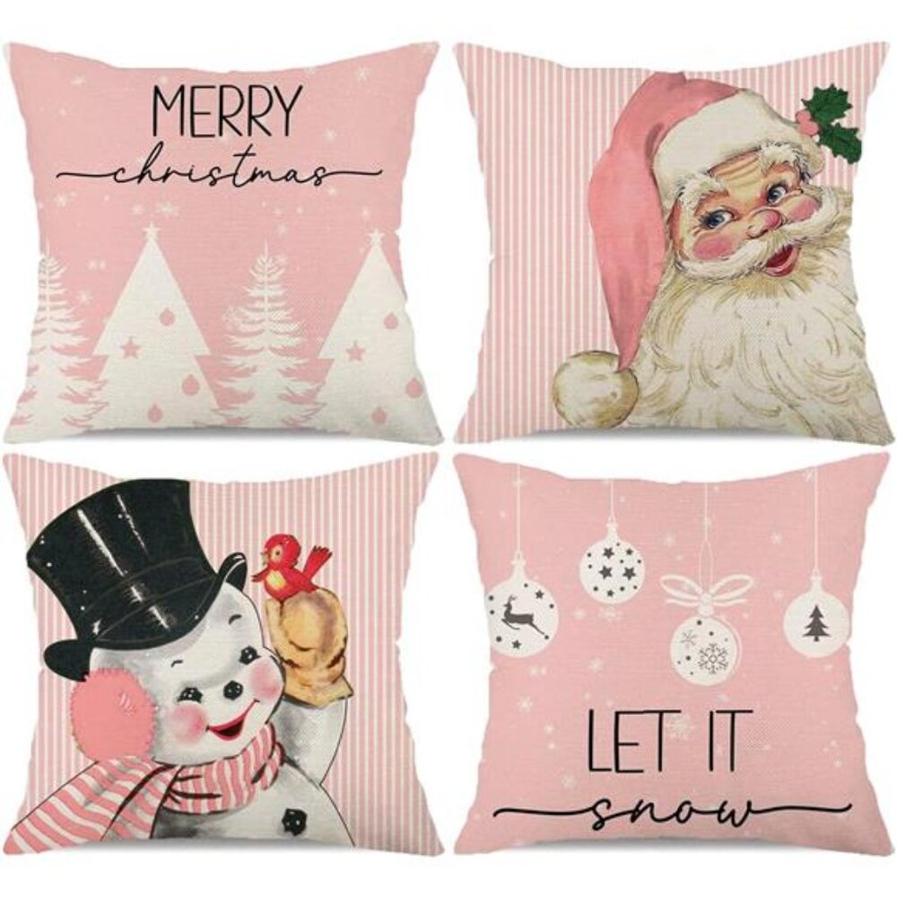 Set‎ of 4 Pink Christmas Pillow Covers, 18x18, Santa, Snowman, Snowflake & Tree